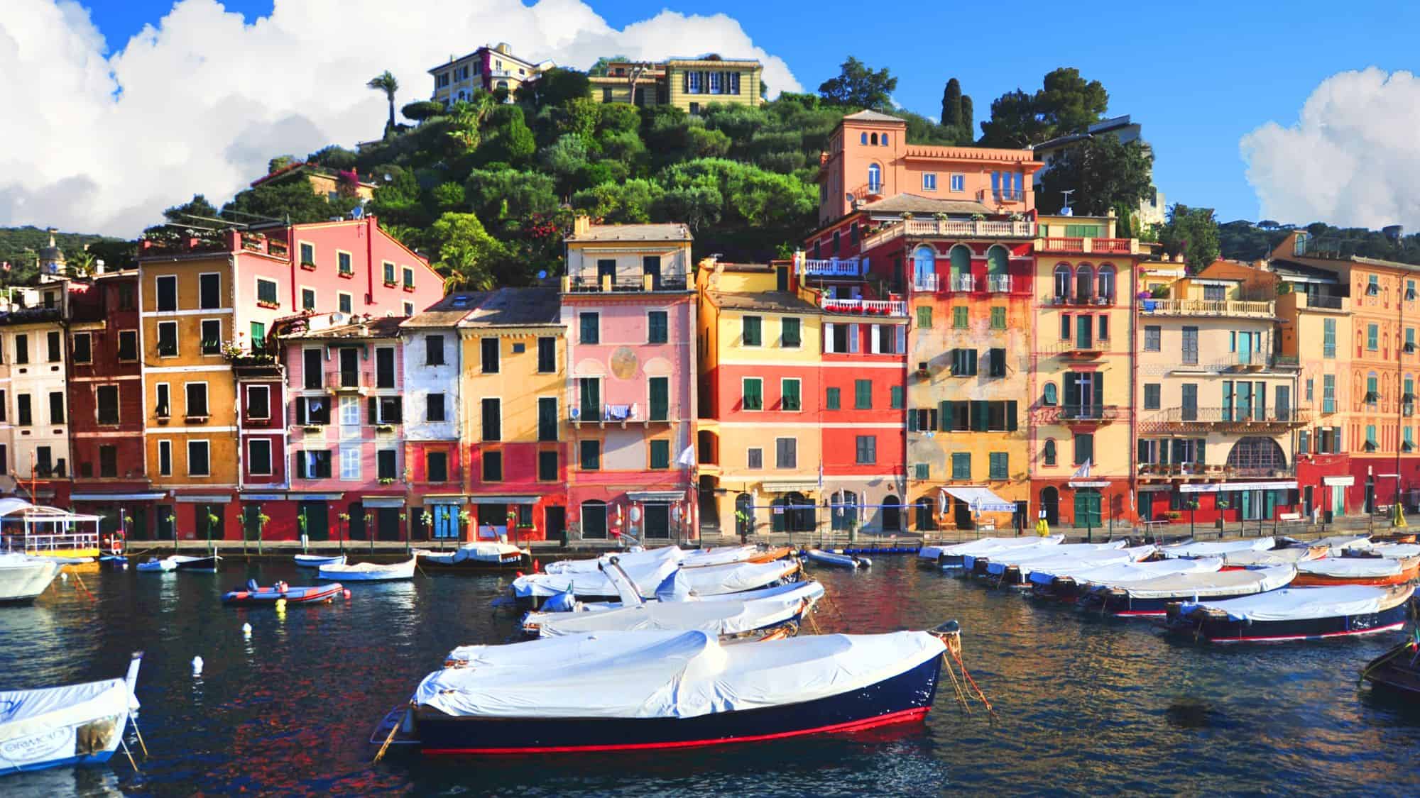 A chic Italian harbor lined with colorful facades and moored boats, set against a lush hillside under a bright blue sky.
