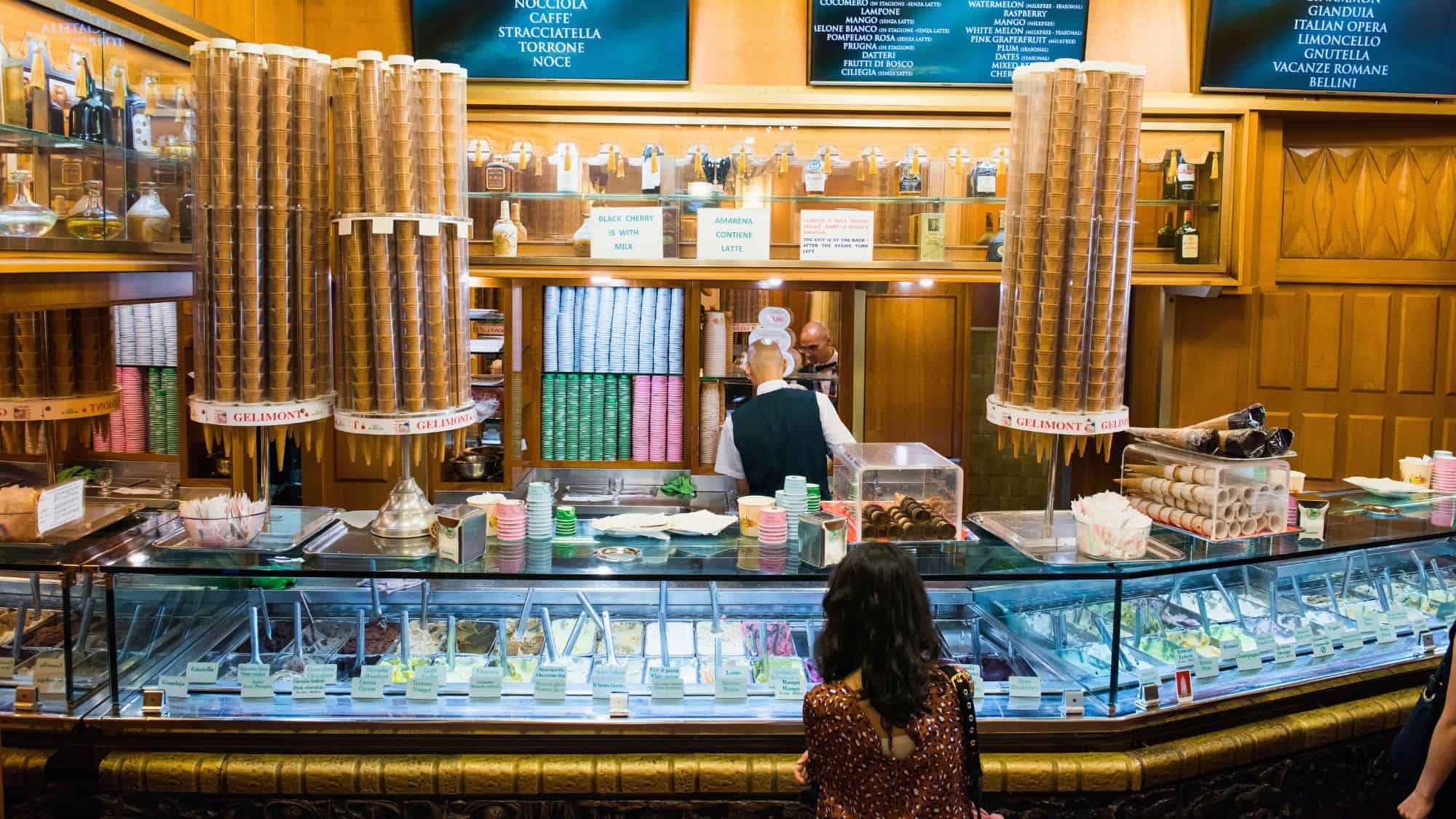 ROME, ITALY - JUNE 30, 2019: GIOLITTI ice cream shop in Roma. Rome's famous gelato shop. Interior view. 