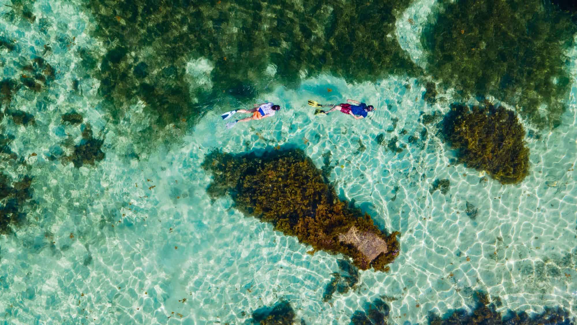 Overhead view of two snorkelers floating in shallow, crystal-clear turquoise water surrounded by underwater rocks and coral formations.