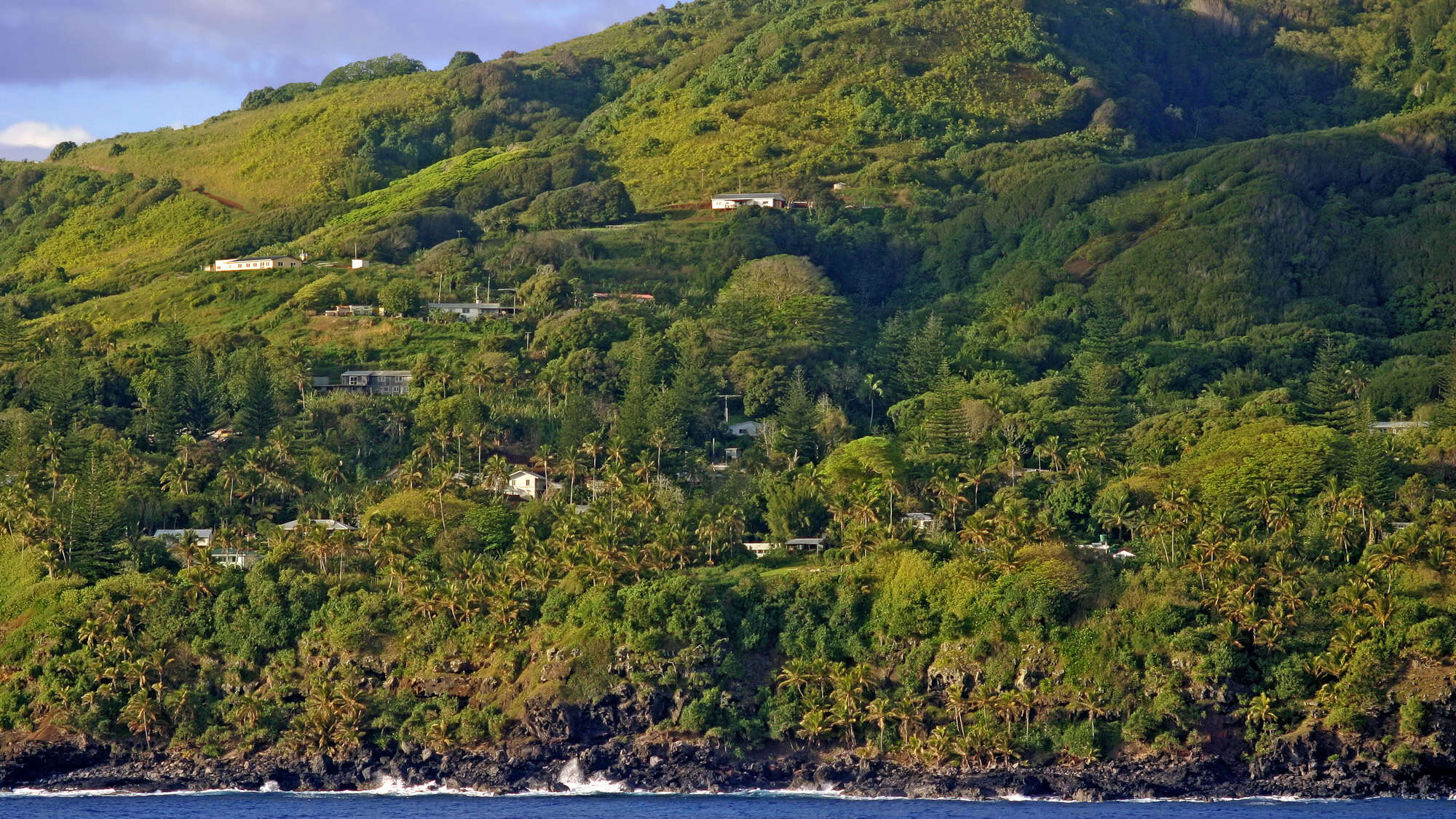 A lush green hillside dotted with scattered homes nestled among dense tropical foliage, with waves crashing at the rocky coastline in the foreground under a partly cloudy sky.