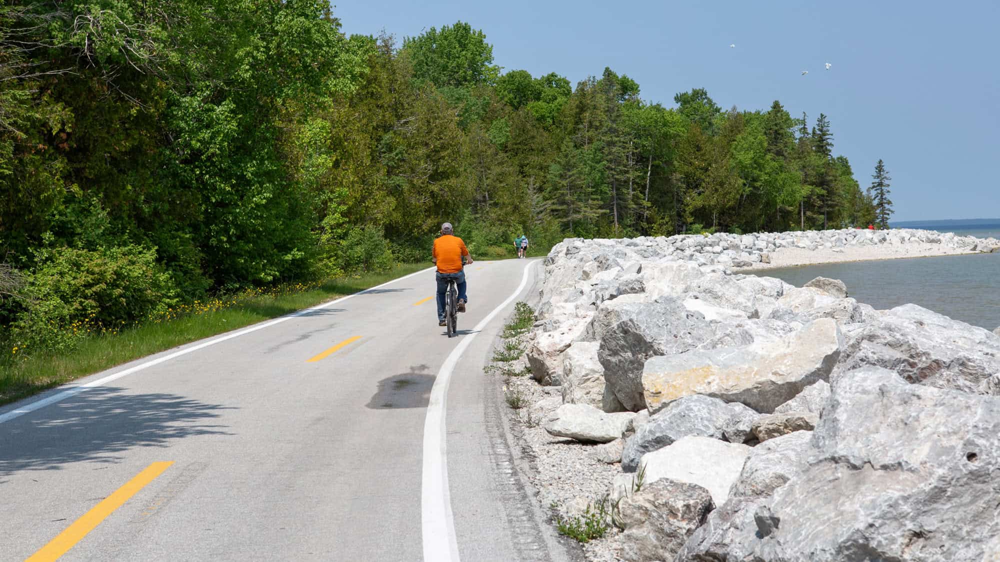 Cyclist in an orange shirt rides along a paved road on Mackinac Island, bordered by boulders on one side and dense forest on the other, with the shoreline of Lake Huron nearby.