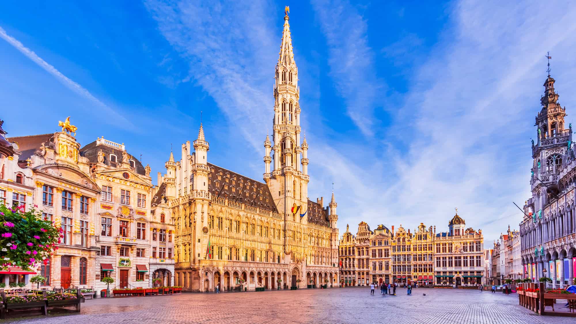 Wide-angle view of the ornate buildings in the Grand Place of Brussels, Belgium, lit by golden hour sunlight with a vivid blue sky above; the tall spire of the Town Hall stands prominently at the center.