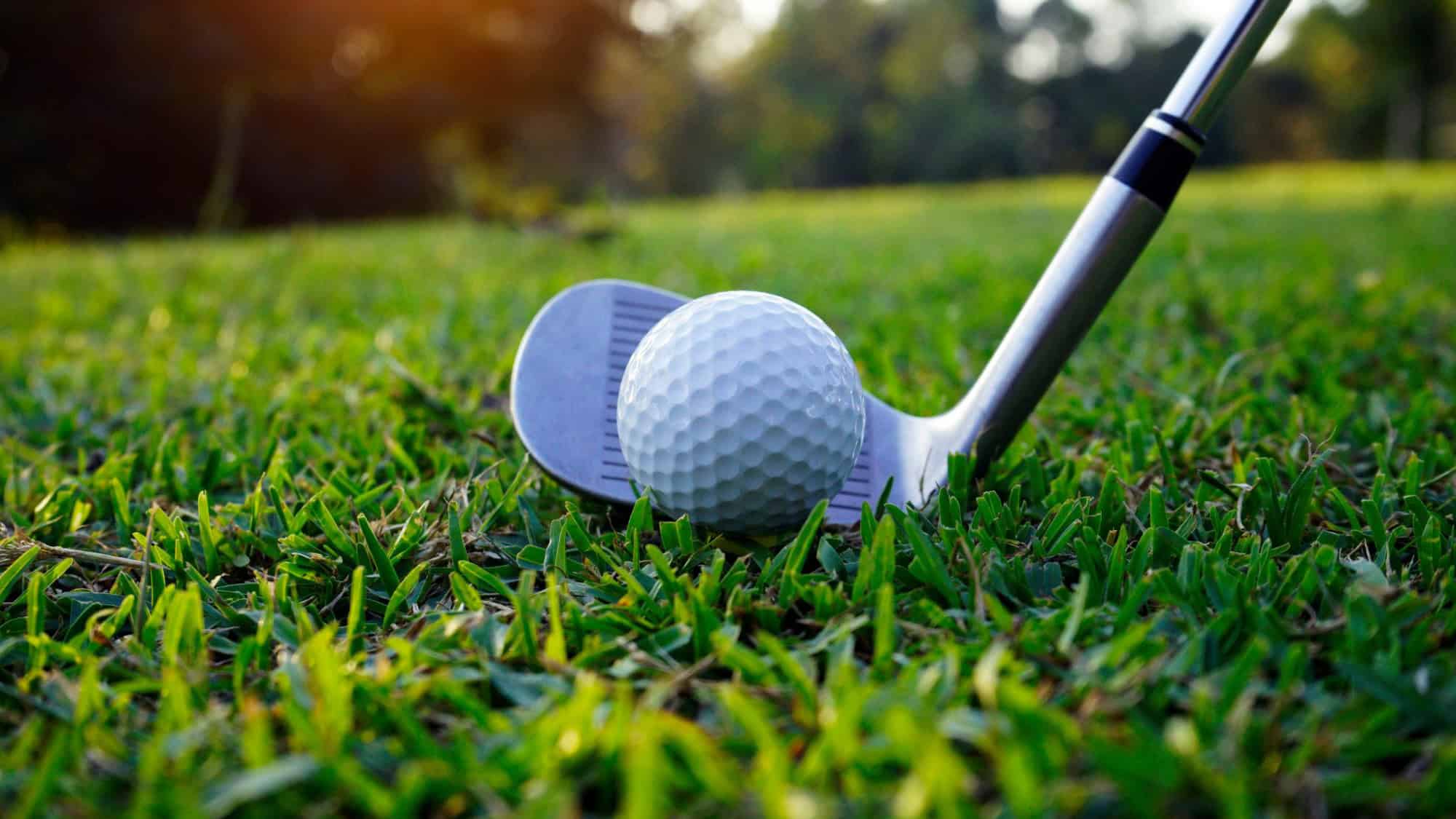 A close-up shot of a golf ball teed up on green grass with a shiny metal club about to strike, captured in the warm light of a late afternoon.