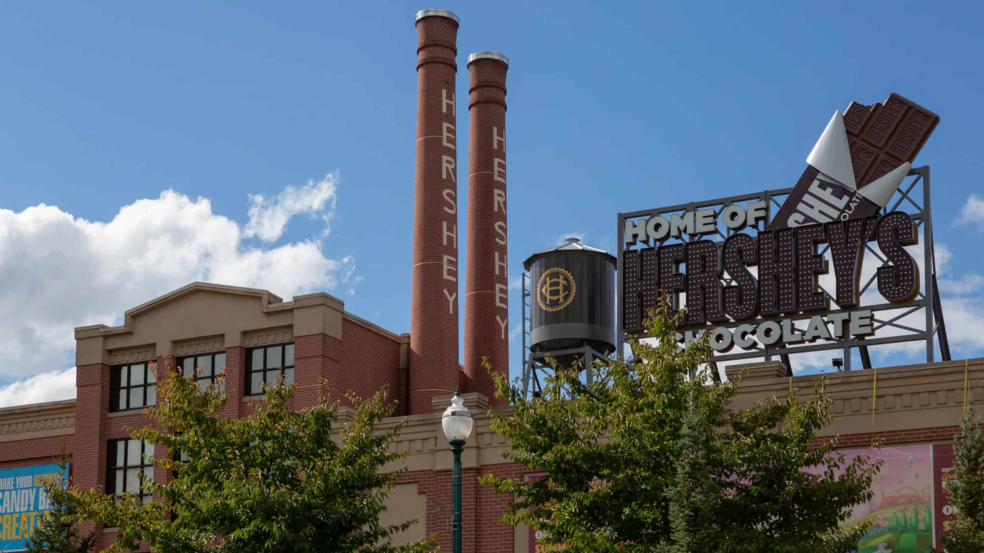 Front view of the Hershey's chocolate factory with two tall brick smokestacks labeled “HERSHEY” and a large rooftop sign reading “Home of Hershey’s Chocolate,” set against a blue sky with fluffy clouds.
