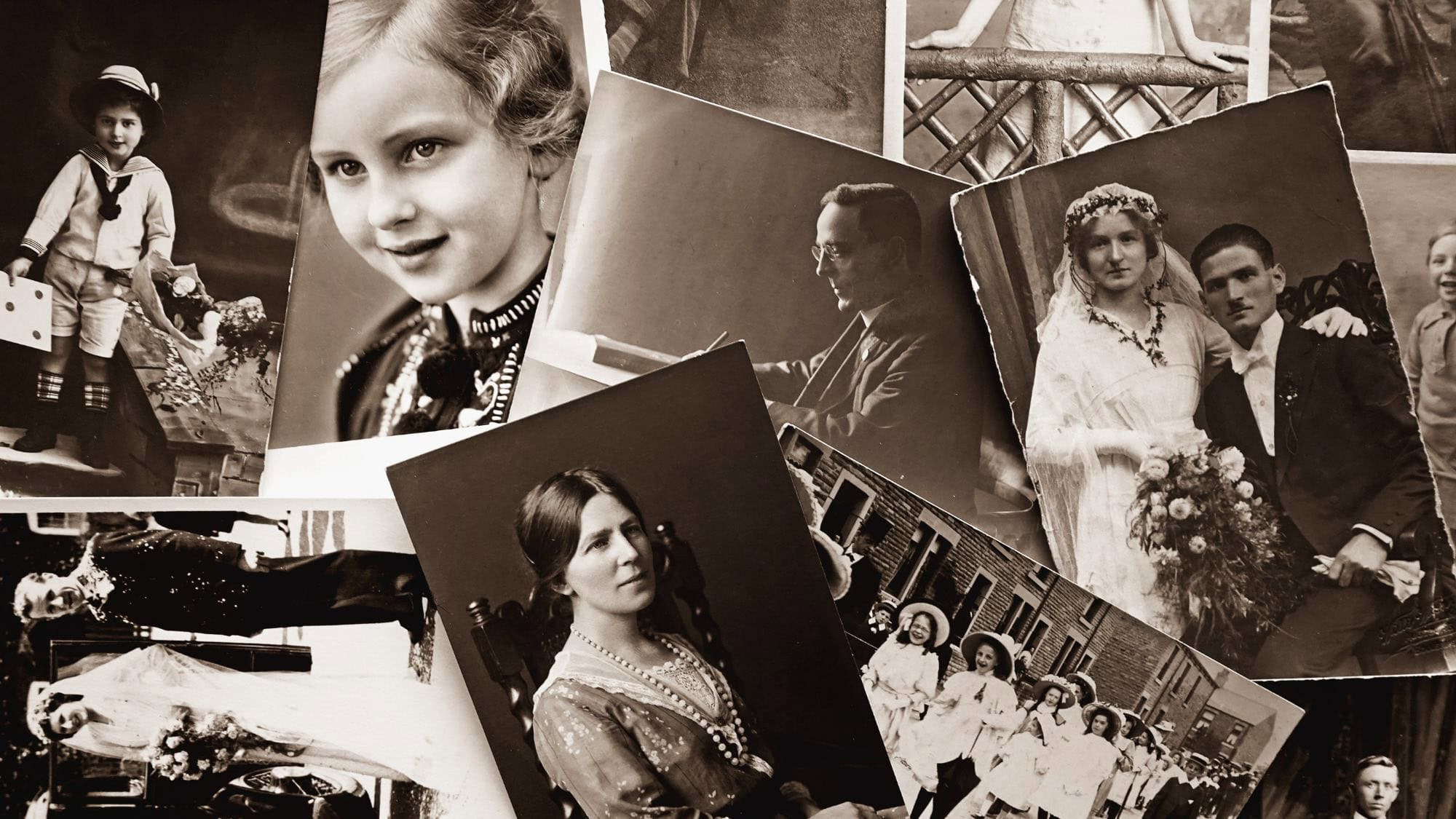 A scattered collection of vintage black-and-white family photographs, including portraits, wedding scenes, and candid moments, conveying a nostalgic, heirloom-quality feel.