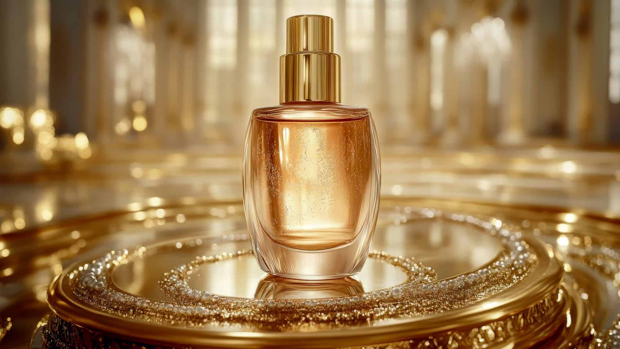 A luxurious amber-hued perfume bottle with a gold cap sits atop a reflective gold surface, surrounded by delicate beads and ornate detailing in a glamorous setting.