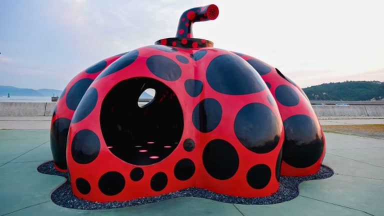 SHIKOKU,JAPAN - JUNE 3 : The outdoor artwork "Pumpkin Playhouse" on June 3,2019 in Naoshima,Shikoku,Japan.Naoshima is an island town and the island is known for its many contemporary art museums.