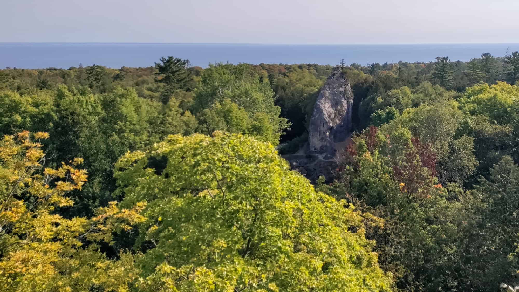 Towering limestone monolith called Sugar Loaf rises from a thick green forest canopy, with Lake Huron barely visible on the horizon.