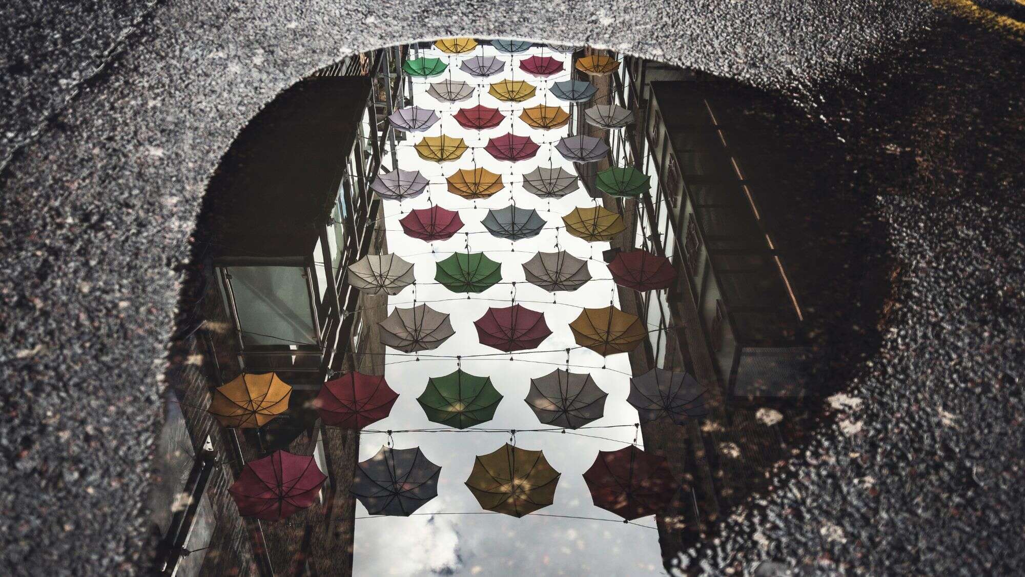 Colorful umbrellas suspended above a narrow street in Dublin are reflected perfectly in a rain puddle on the pavement, creating a whimsical and upside-down visual of floating color.