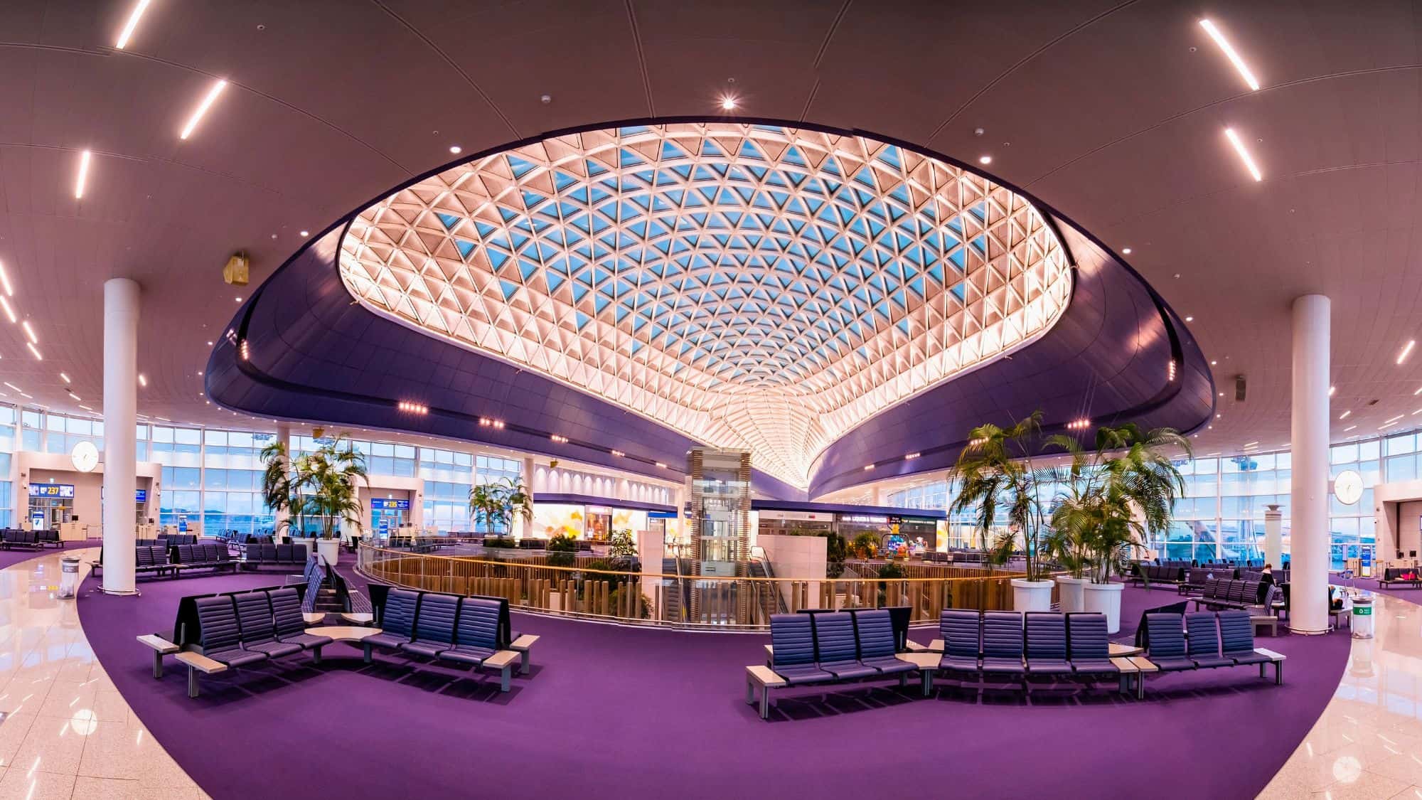 Incheon International Airport features a futuristic departure gate area with bright purple carpeting, palm trees in planters, and a grand geometric skylight ceiling that floods the space with light.