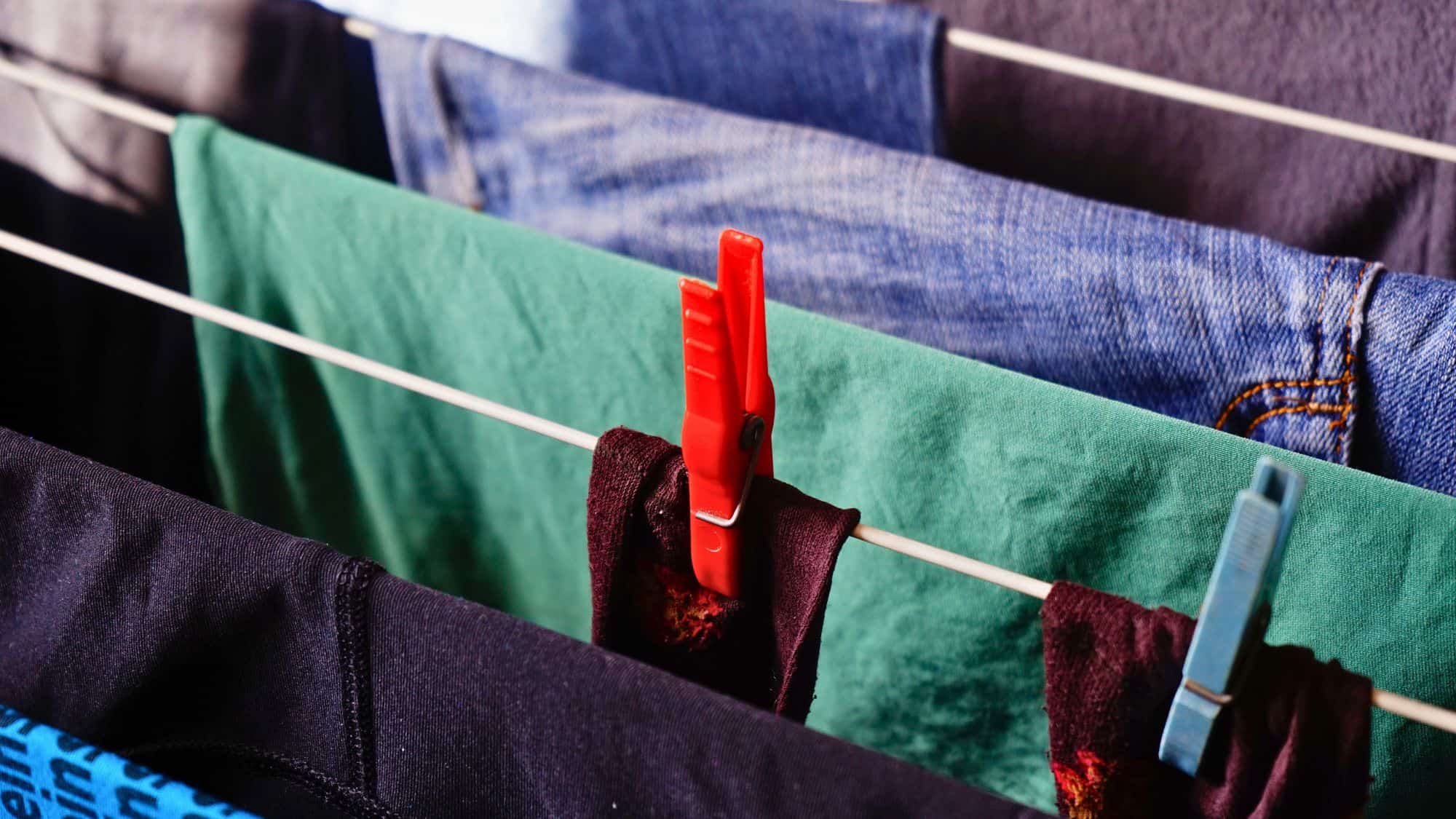 Close-up of various garments including a green shirt and denim pants hanging on indoor clotheslines, secured with red and blue clothespins.