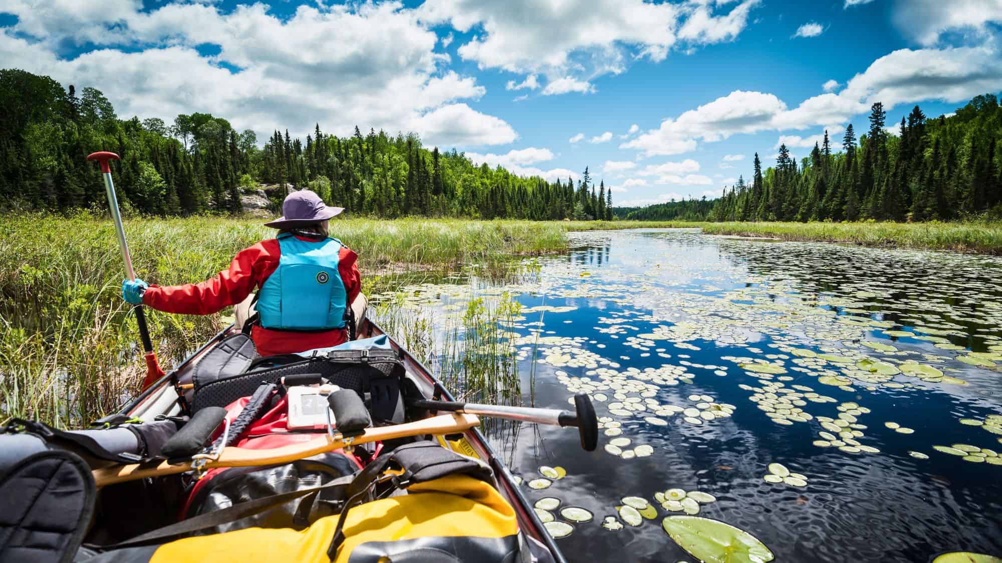 A paddler in a red jacket and wide-brimmed hat navigates a gear-filled canoe through a serene, lily pad-covered waterway surrounded by dense pine forest under a partly cloudy sky.