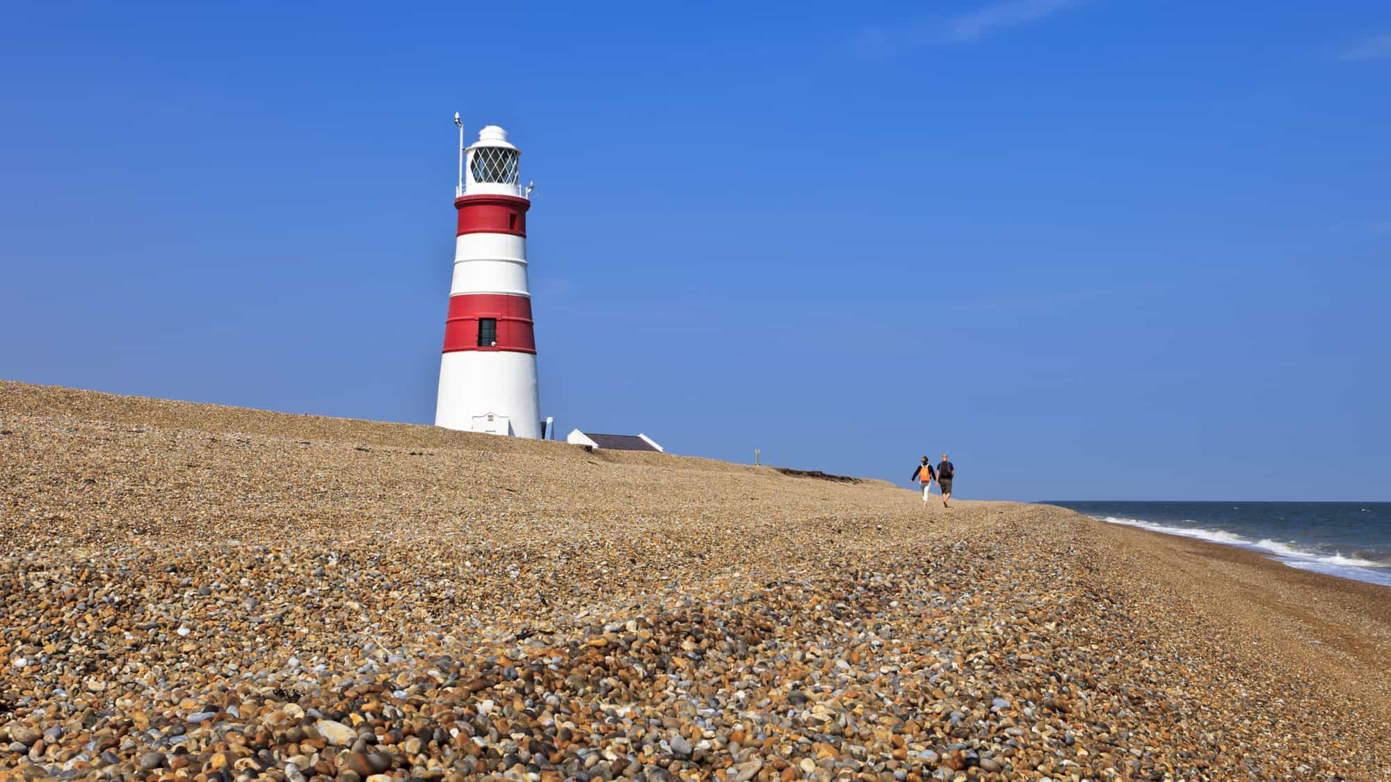 A red-and-white striped lighthouse rises above a pebble beach in Suffolk, England, with two people walking along the shoreline under a clear blue sky.