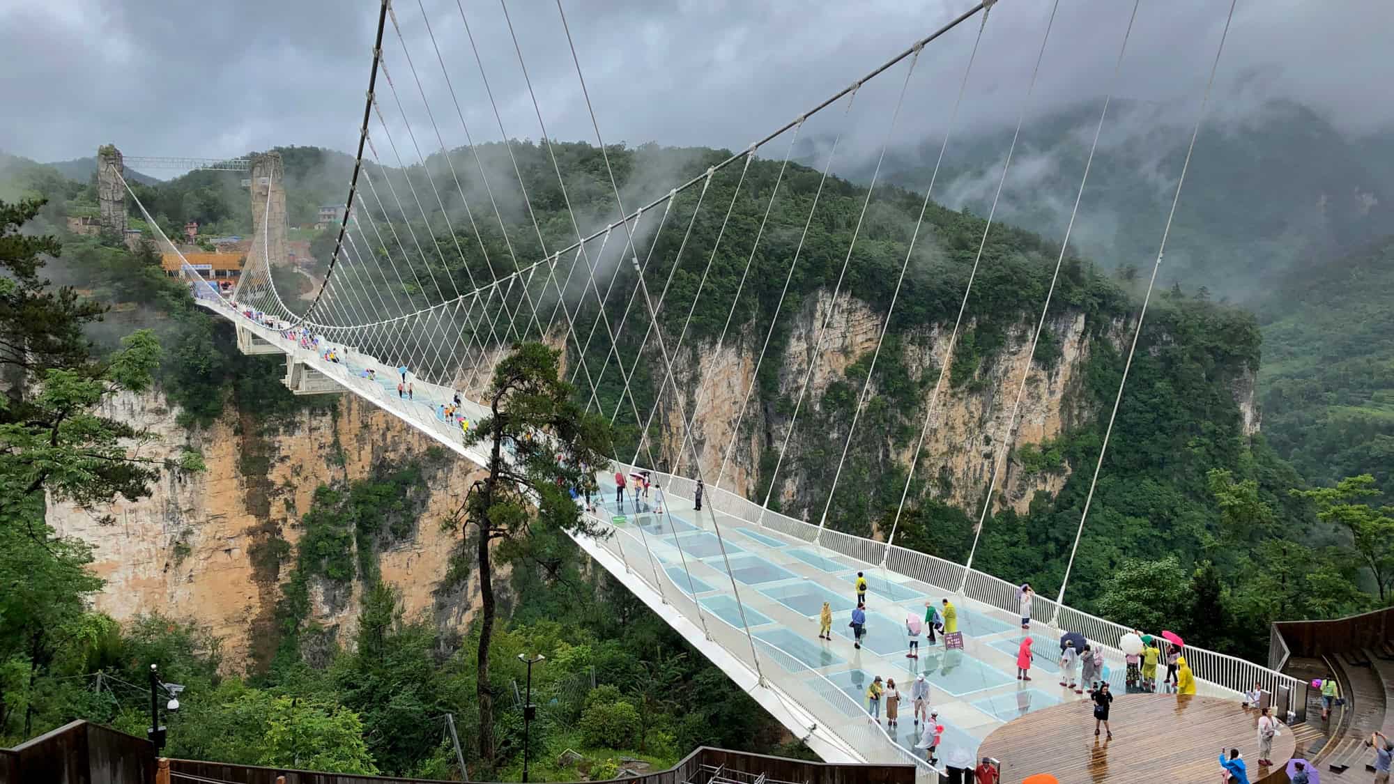 Tourists walk across the dramatic glass-bottom Zhangjiajie Bridge, suspended over a deep forested canyon and surrounded by mist and cliffs.