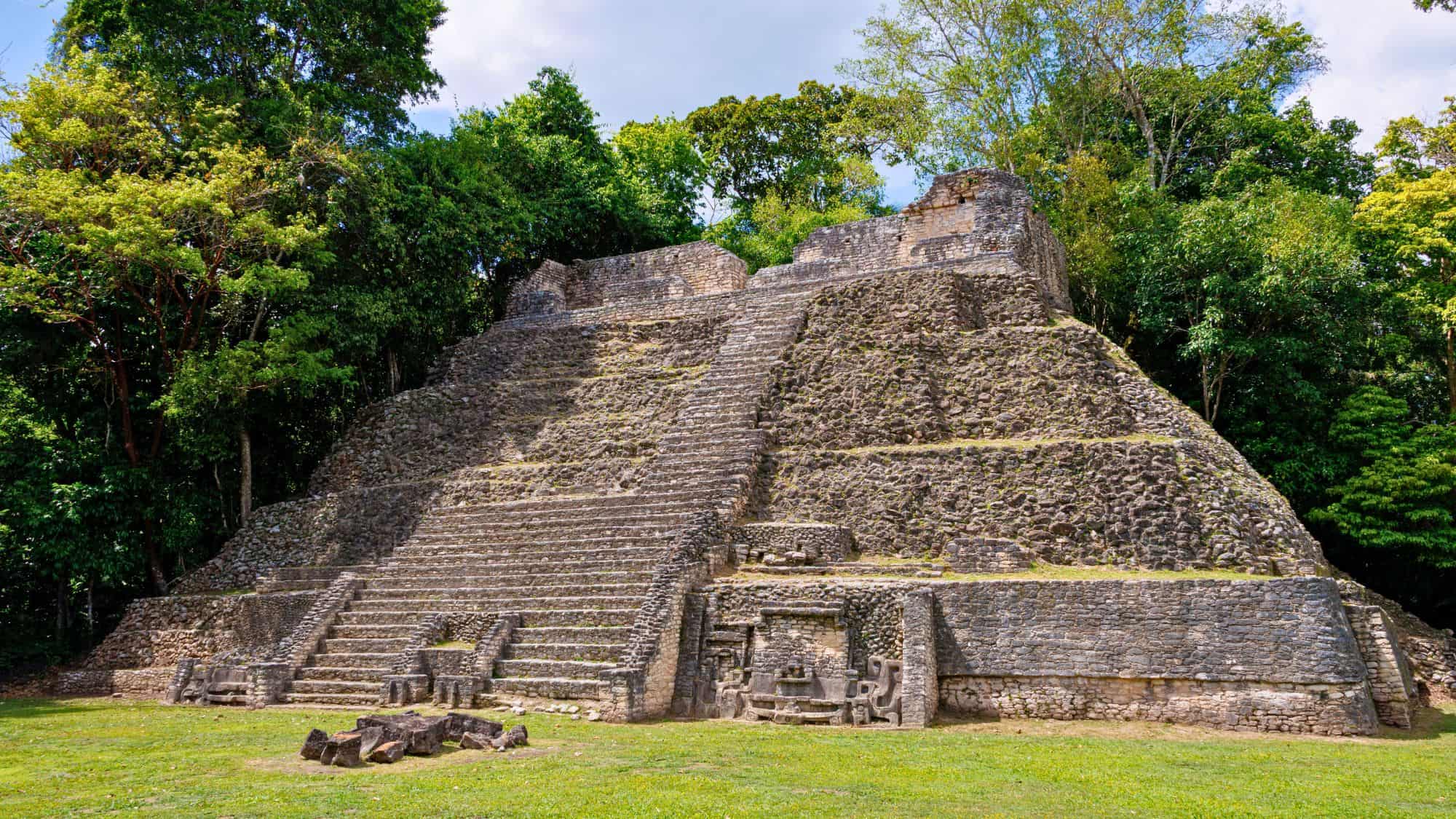 An ancient stepped pyramid of weathered stone rises from a grassy clearing, bordered by lush green jungle.