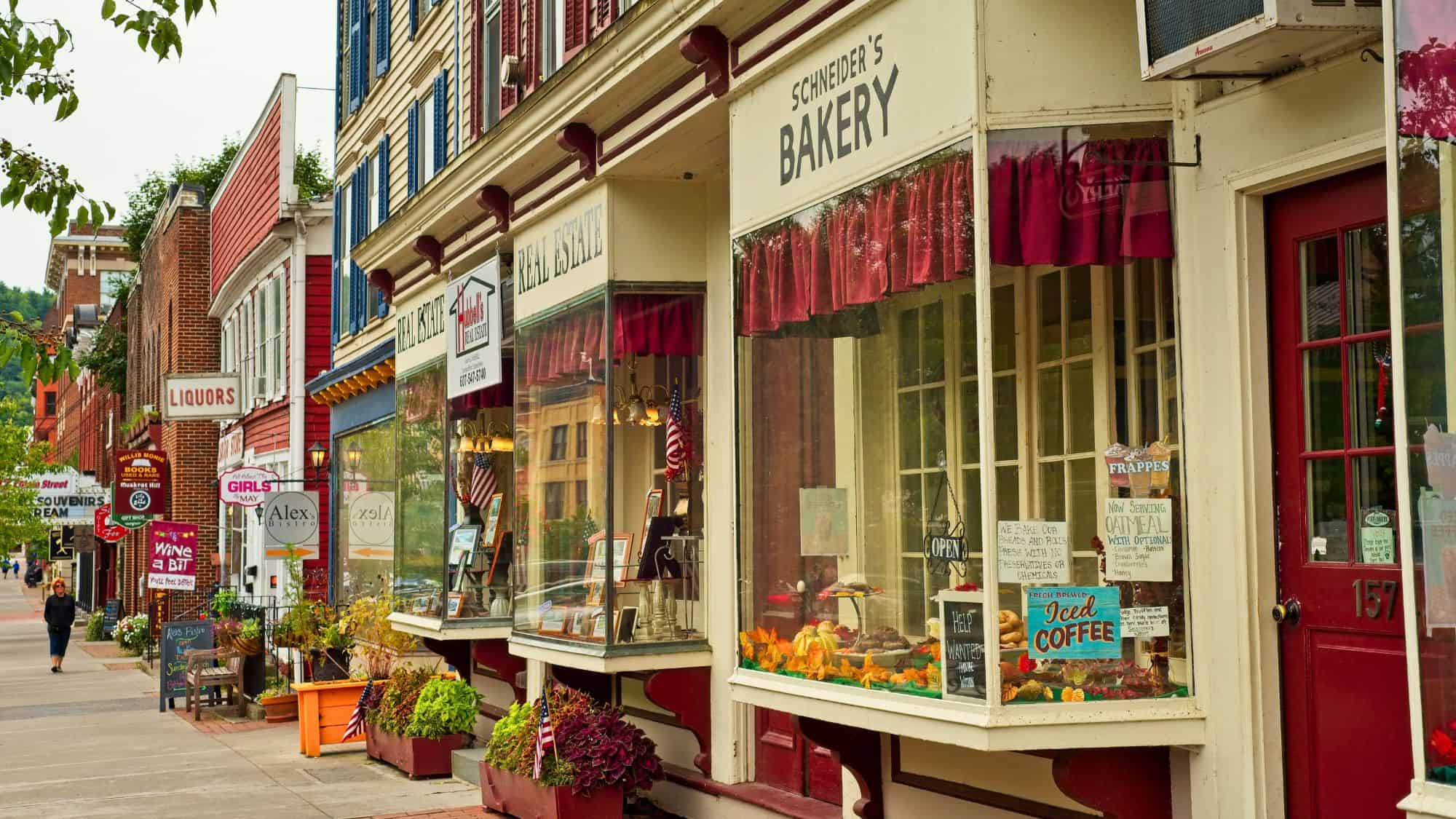 Colorful historic storefronts line a cozy small-town street, including Schneider's Bakery and local shops decorated with flower pots and patriotic flags.