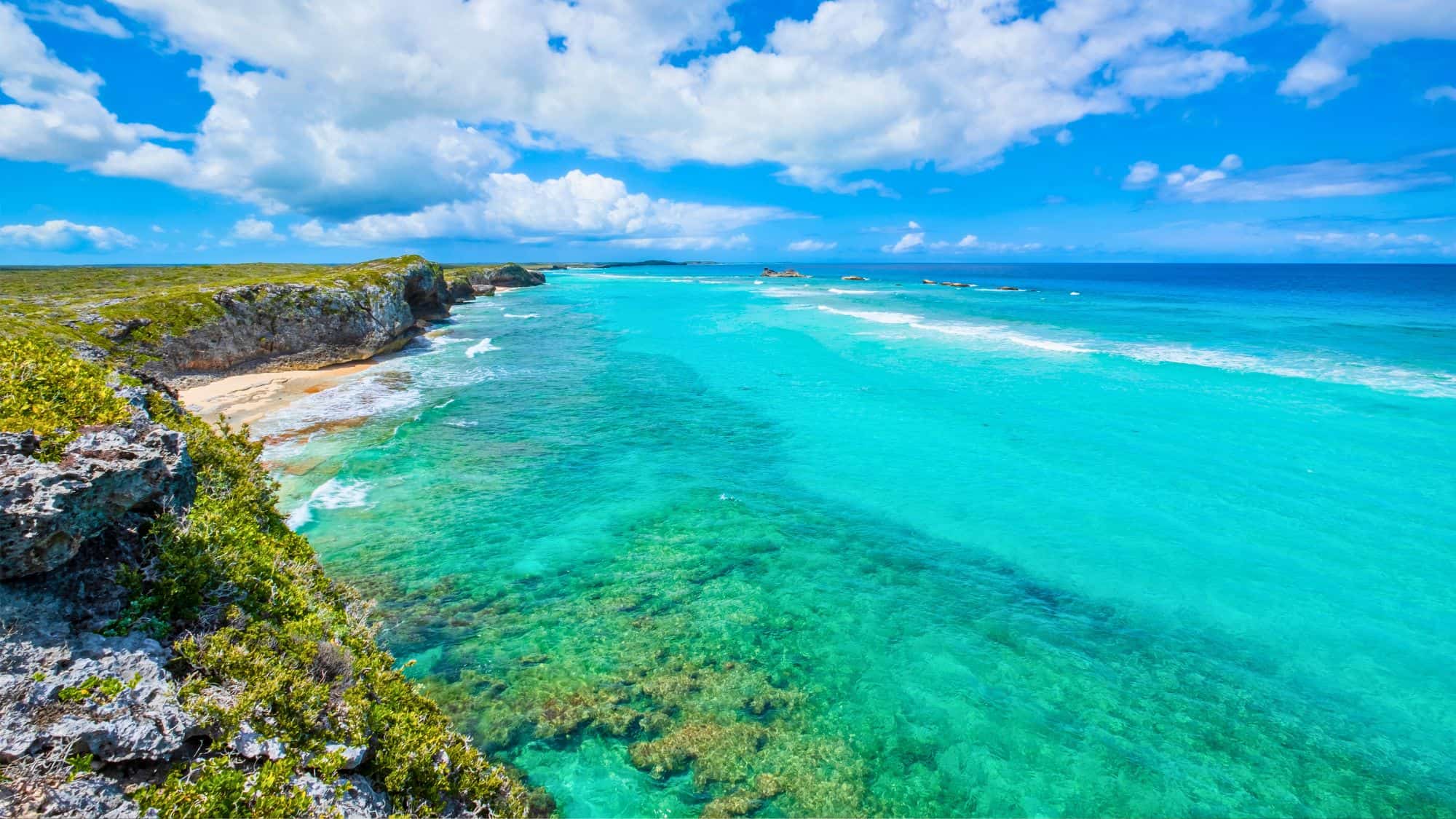 Rocky cliffs covered in greenery drop into clear turquoise waters with waves breaking along the shore.
