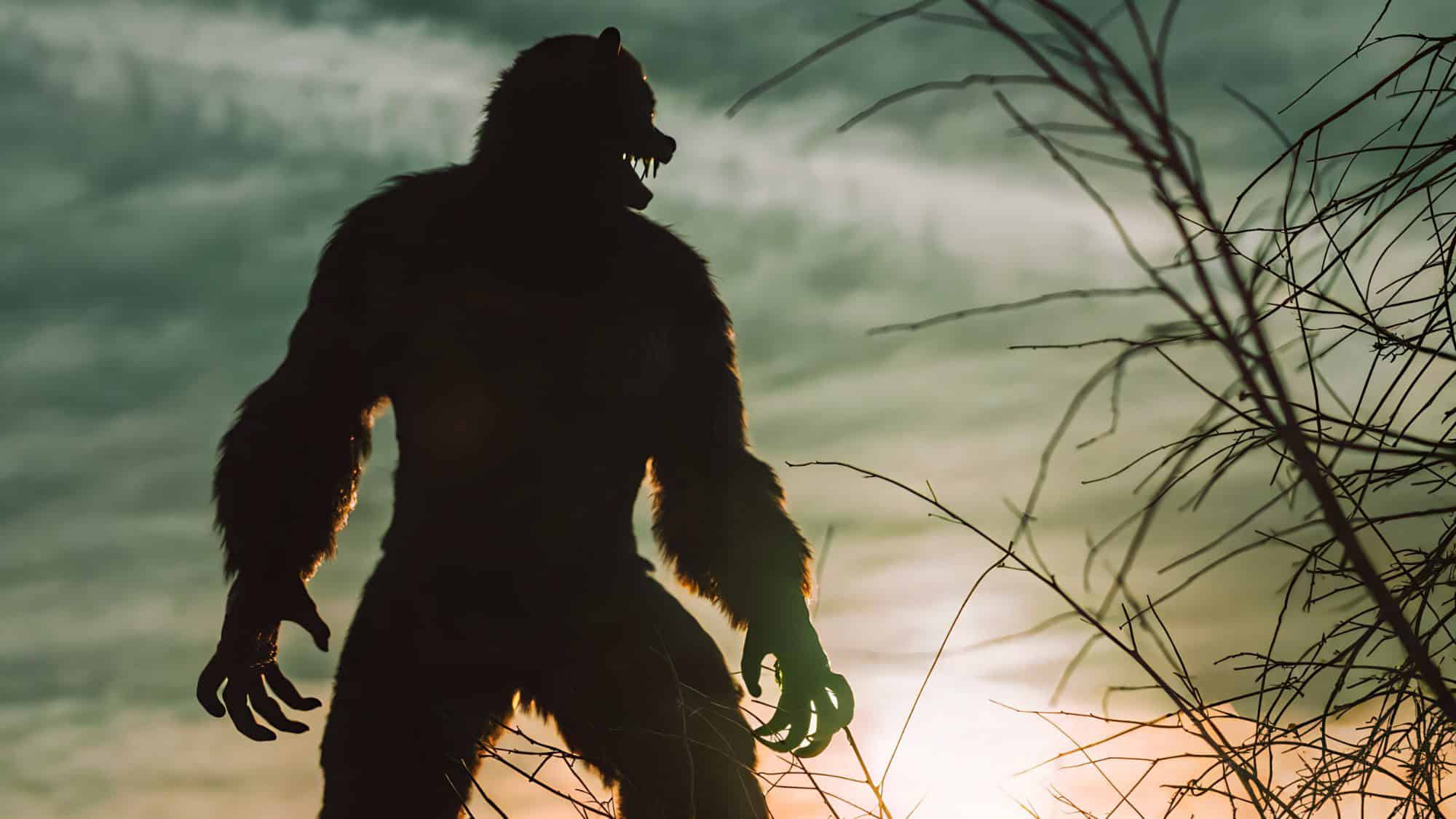 A dark, menacing silhouette of a werewolf-like creature stands against a cloudy sky at sunset, framed by bare, spindly branches.