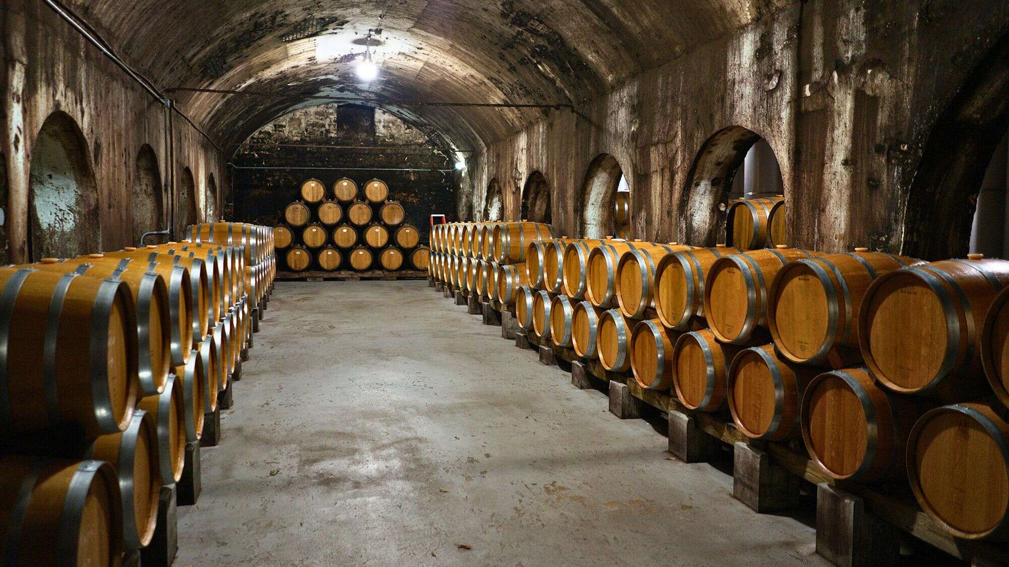 Rows of stacked wooden wine barrels fill a cool, dimly lit stone cellar with arched alcoves and a weathered, vaulted ceiling.