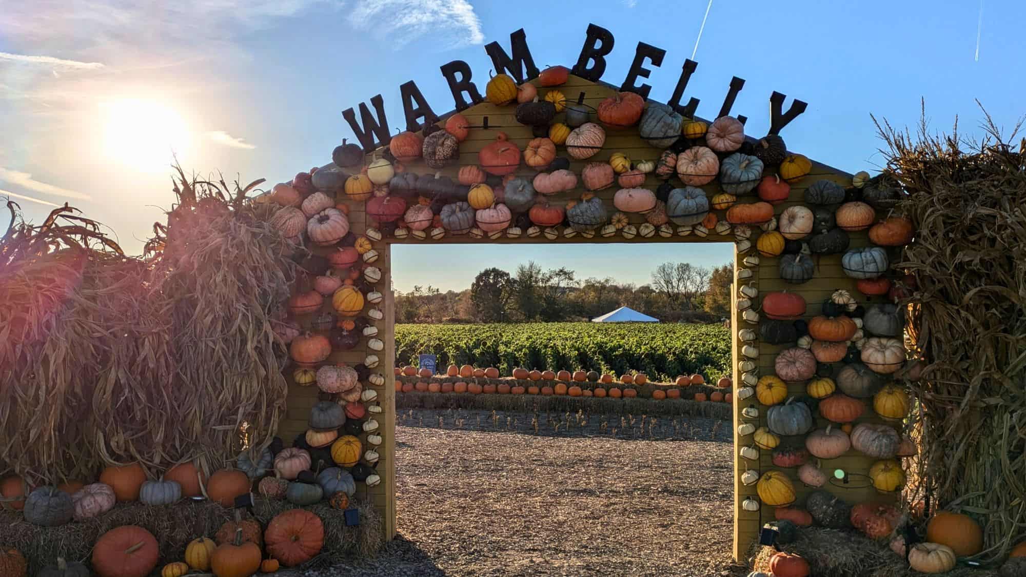 A festive archway built from stacked pumpkins and gourds welcomes visitors with the words “Warm Belly” at the top, framed by hay bales and corn stalks at a fall-themed farm.