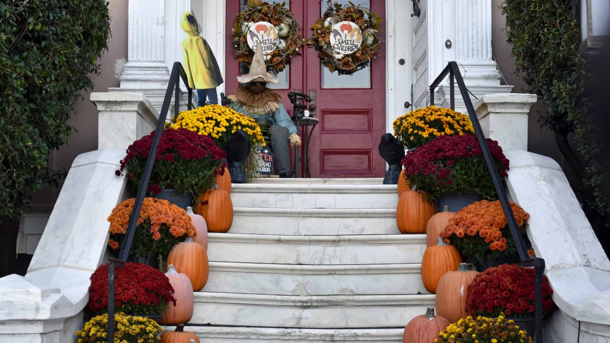 A marble staircase leads to a front door adorned with “I Smell Children” wreaths, flanked by vibrant chrysanthemums, pumpkins, and a scarecrow seated at the top.