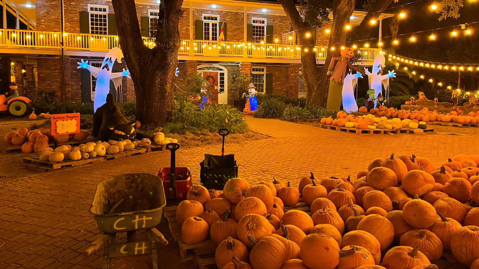 A well-lit yard filled with pumpkins and string lights includes inflatable ghosts, scarecrows, and a sign reading “Heirloom Pumpkins $16” set in front of a decorated house.
