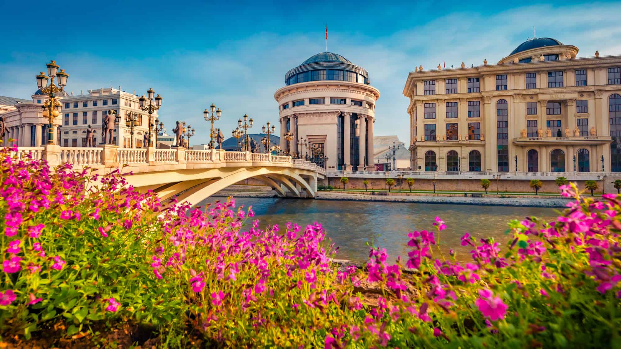 Pink flowers bloom along the Vardar River in Skopje, North Macedonia, with a neoclassical bridge and domed government buildings framed by bright blue sky.