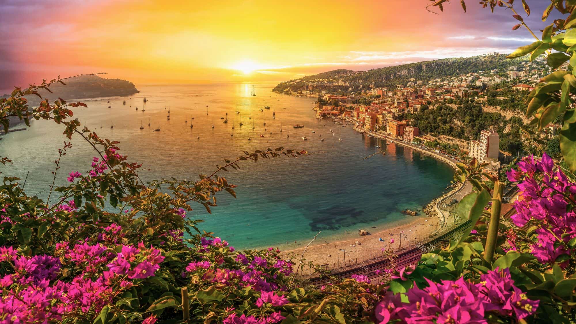 Golden sunset light bathes a curving Mediterranean coastline dotted with anchored boats and a hillside town, framed by vibrant magenta bougainvillea in the foreground.