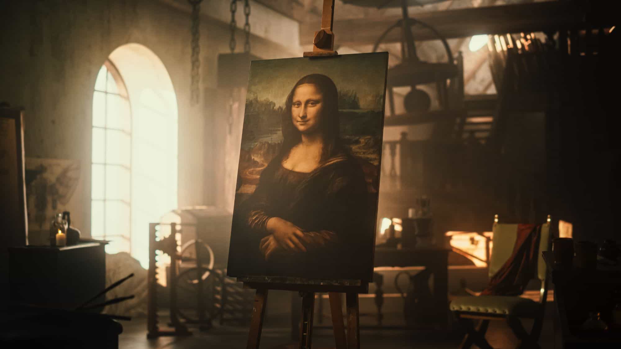 A realistic recreation of Leonardo da Vinci’s Mona Lisa sits on an easel in a warmly lit, antique-styled art studio filled with period props and sketches.
