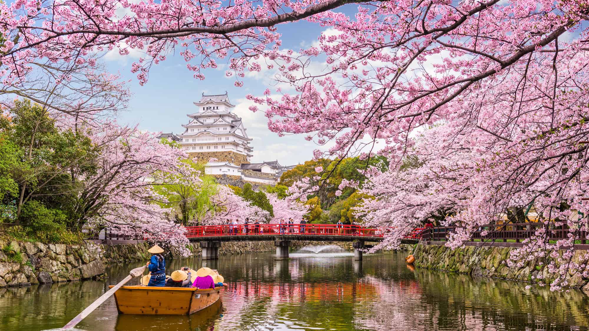 A traditional wooden boat glides along a moat surrounded by cherry blossoms, with Himeji Castle and a red arched bridge in the background.